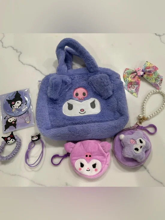 Kuromi Sanrio Plush Character Tote with accessories coin purse hair ties gift