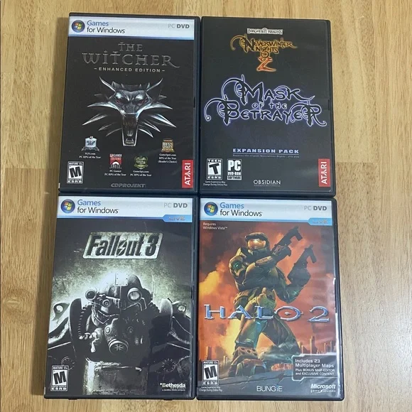 4 VINTAGE PC Games--Fallout 3, Never Winter Nights 2, The Witcher, Halo 2
