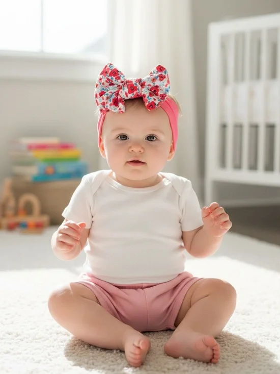 pink Ditsy Daisy knotted baby headband with a floral-patterned bow