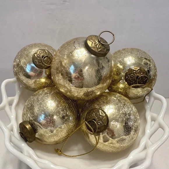 Restoration Hardware Gold Crackle Glass Ball Christmas Ornaments Set of 6 3.5in