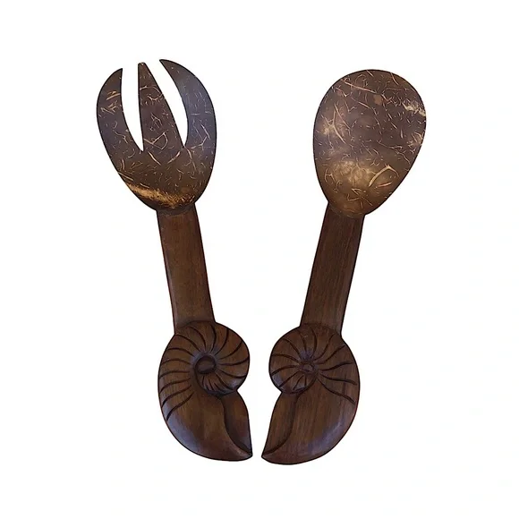 Vintage Wooden Salad Fork & Spoon Hand Carved Sea Shell Handles Server Set
