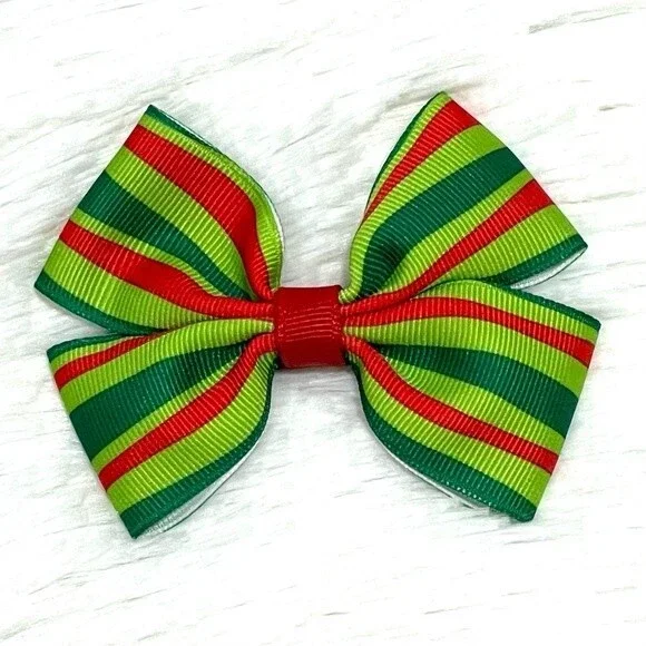 Red & Green Striped Christmas Hair Bow Clip