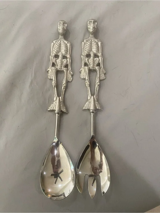Silver Skeleton Handle Salad Serving Spoon and Fork Set -