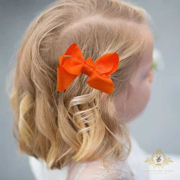 Set of 2 Pretty Girls Hair Bows Grosgrain Ribbon Kid Hair Clips Accessory Orange