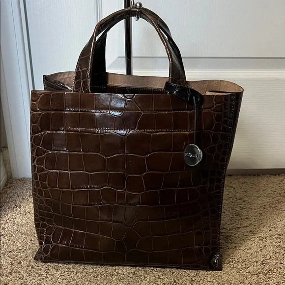 Furla Dark Brown Crocodile-Embossed Briefcase