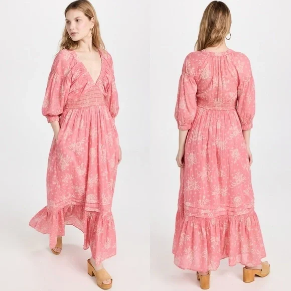 Free People Womens Pink Floral Ruffle Cottagecore Smocked V Neck Maxi Dress