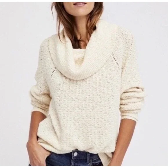 Free People By Your Side Cowl Neck Textured Knit Raglan Sweater Cream S Chunky