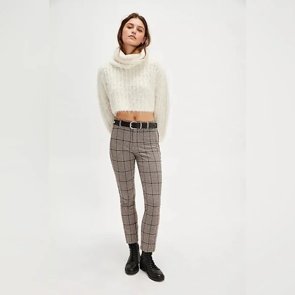 Free People Women’s Molly Slim Plaid Houndstooth Pants Brown/White Size 6