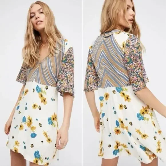Free People Mix It Up Mixed Floral Print V-neck Babydoll Mini Dress *UPCYCLED*