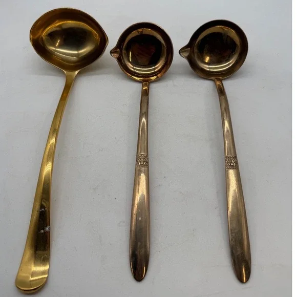 VTG MCM Thailand Bronze Brass Ladle Sauce Spoon Set 3 Gold Tone Floral Etched