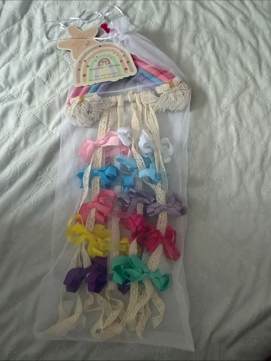 Rainbow Macramé Hair Bow Organizer with Multicolor Bows