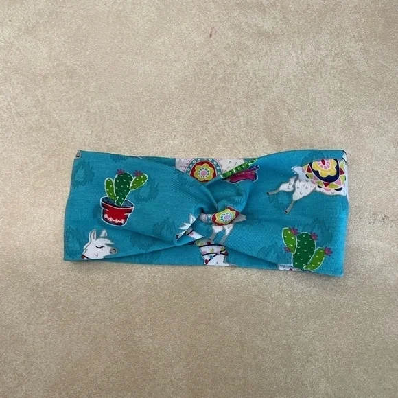 Toddler Girls Blue White Llama Print Handmade Knot Headband NWOT