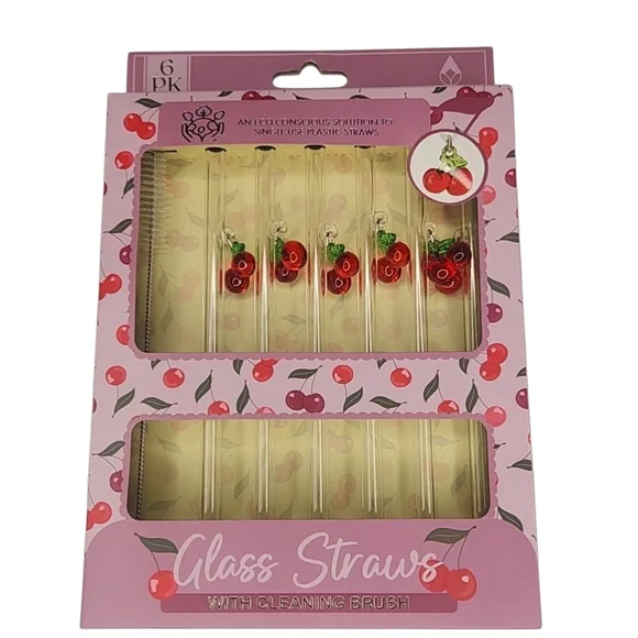 Glass Straws with Cherry Attachments Set