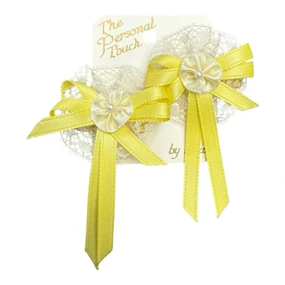 Vintage 80s Lace Hair Barrettes – Yellow & White Rosettes w/ Bows (NOS)