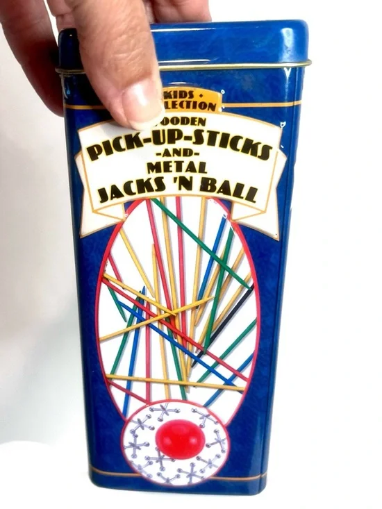 Vintage Pick-Up Sticks & Metal Jacks Game Set Tin Kids Collection Complete NOB