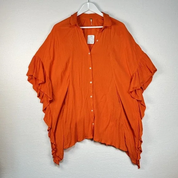 FREE PEOPLE Poncho Style Top Orange XS/S Oversized Ruffled Sleeves Collar FLAW