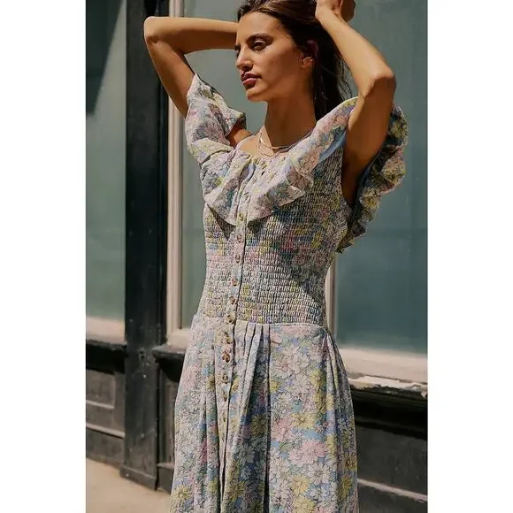 NWT FREE PEOPLE Lewis Maxi Dress $168 SMALL Blue Pastel Combo SMOCKED