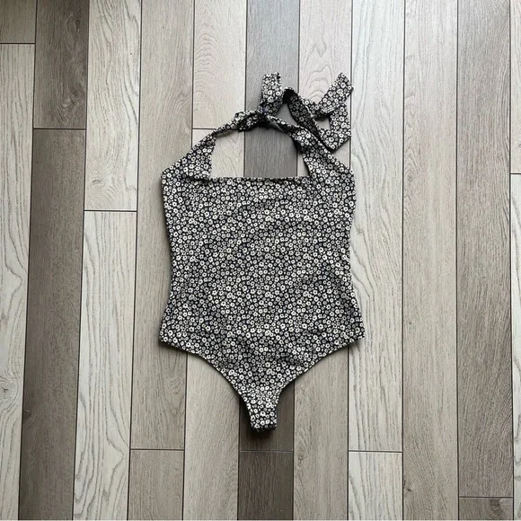 Free People Black and Cream Floral Bodysuit