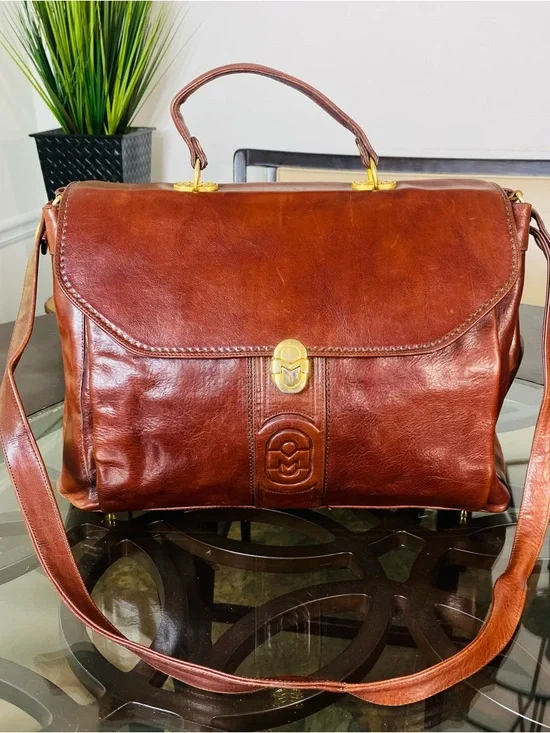 Vintage Marino Orlandi Brown Leather Satchel Bag - Made in Italy - Gold Hardware