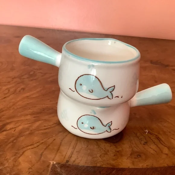 Ceramic Miniature Individual Milk Creamers Syrup 2oz Whale Light Blue Handle