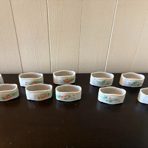 Vtg 11 Handpainted Porcelain Napkin Rings Rose Bouquet Floral Cottagecore Granny