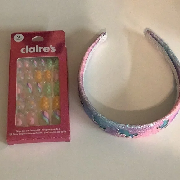 Claire’s Shimmery Unicorn Headband & Press On Nails New In Box