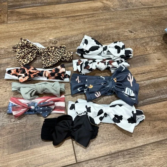 Baby Headband Bow Set 9 Piece Leopard Cow Print Cactus Flag‎ Black