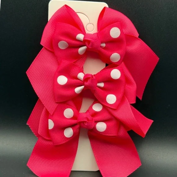 3 Pack Pink Polka Dot Grosgrain Ribbon Hair‎ Bow Clips Alligator Style Set