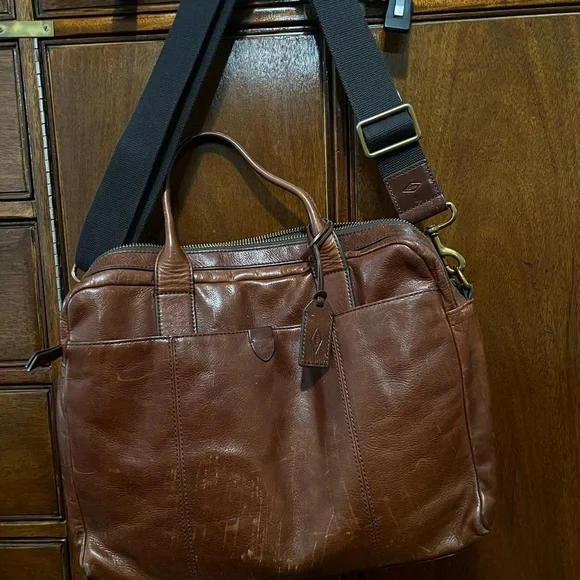 Fossil Men's Chestnut Leather Briefcase with Removable Shoulder Strap