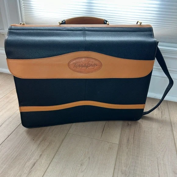 Black and Tan Leather Briefcase with Shoulder Strap