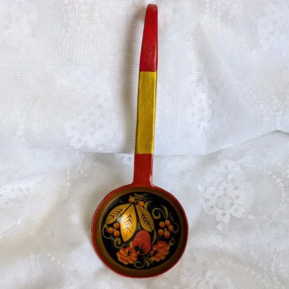 Vintage Russian Khokhloma Hand Painted Floral Large Wooden Ladle Spoon