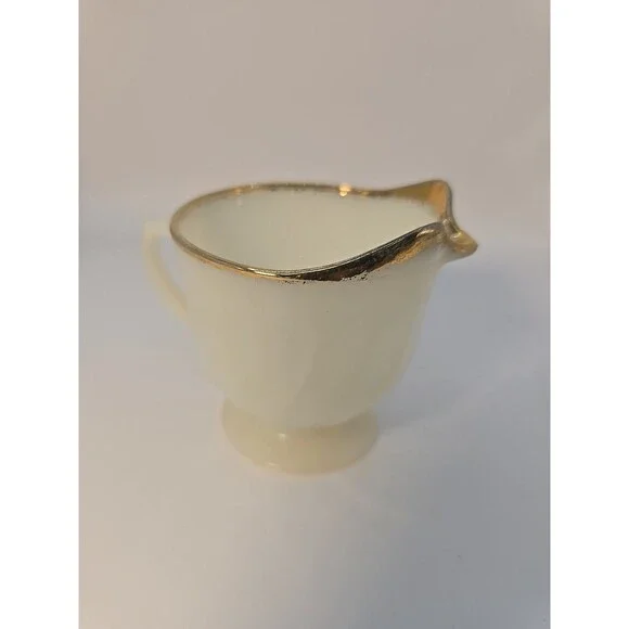 Fire King Creamer Golden Anniversary Ivory Swirl Gold Trim USA Anchor Hocking
