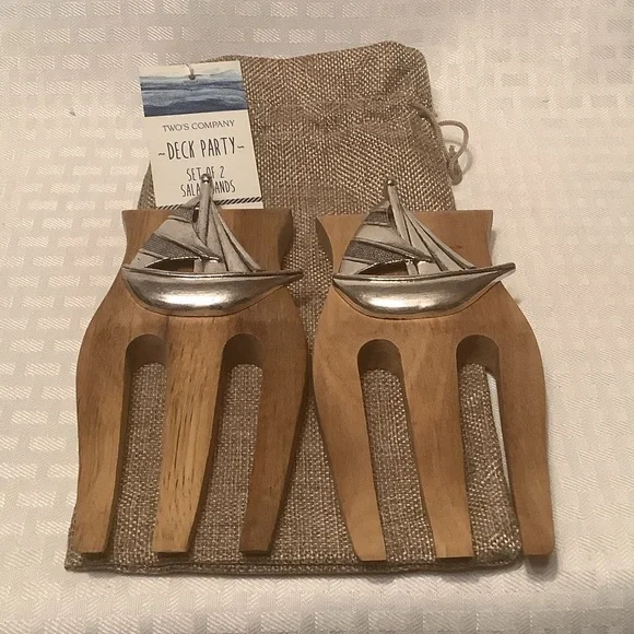 Two's Company Wooden Salad Hands with Silver Sailboat