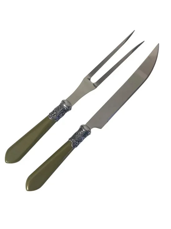 Vintage Le Baroque Carving Knife & Fork Set Green Handles Stainless Steel