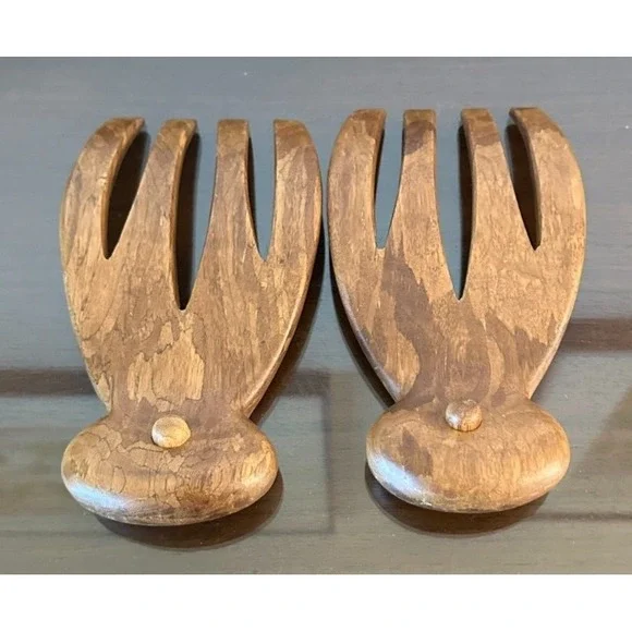 Vintage MCM Wood Salad Hands Tongs Tosses Wooden