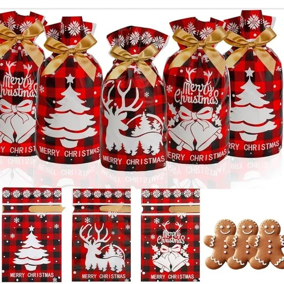 50 Christmas Red & Black Plaid Party Favor Bags with Gold Bows