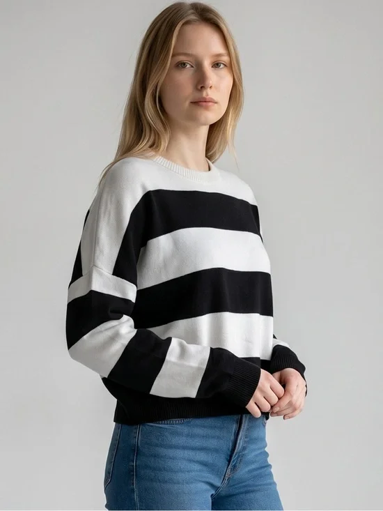 J. CREW Striped Black and White Knit Crew Neck Sweater