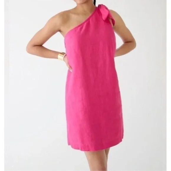 J.Crew Linen One Shoulder Hot Pink Dress