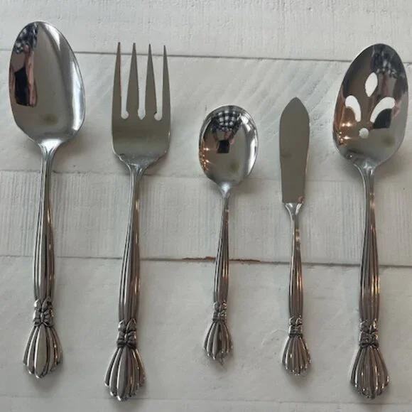 ONEIDA ALEXIS HOSTESS SET 5 PC. DELUXE STAINLESS BOW SPOONS FORK SUGAR BUTTER