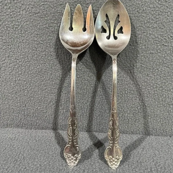 Vintage National Stainless Japan Serving Spoon & Fork Set Floral Stainless Steel
