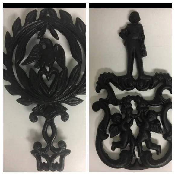 Wilton Cast Iron T-11 Cupid and Eagle & Laurel Wreath Design Trivets Set of Two
