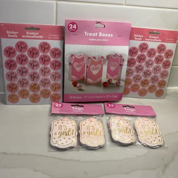 BABY SHOWER GIRL TREAT BOXES, TAGS & STICKER SEALS NEW