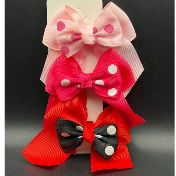 3pc Polka Dot Ribbon‎ Bow Hair Clips Pink Red Black Alligator Clips