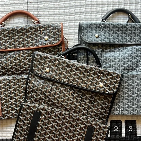 Goyard Patterned Canvas Briefcase with Black and Brown Trim