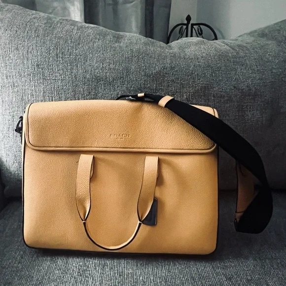 Coach Tan Leather Briefcase with Black Strap