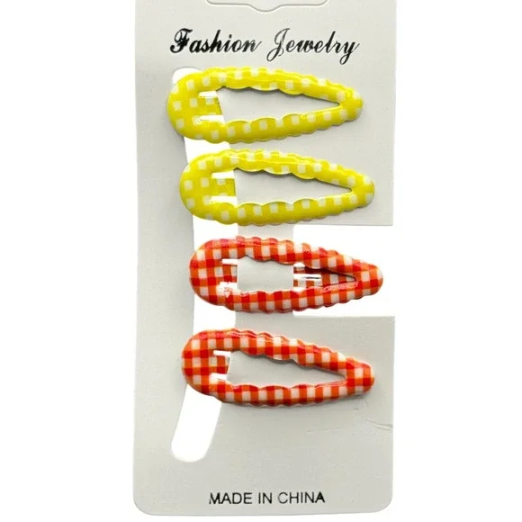 4pc Gingham Checkered Snap Hair Clips Yellow Orange Plaid Pattern Barrettes Set