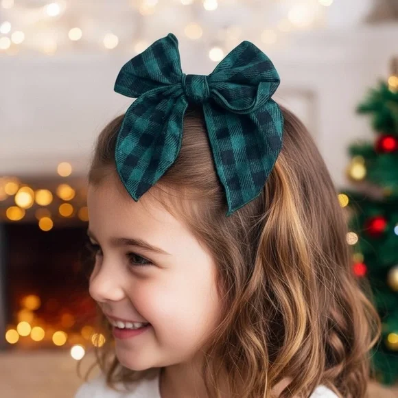 Green Plaid Hair Bow For Kids
