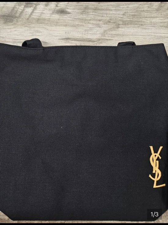 Yves Saint Laurent Black Canvas Tote with Gold YSL Emblem