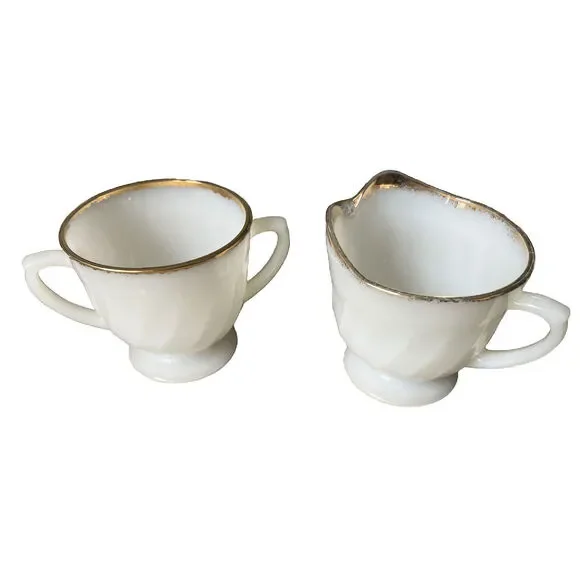 Fire King Vintage Creamer & Sugar Bowl White Swirl Milk Glass With 22k Gold Rim