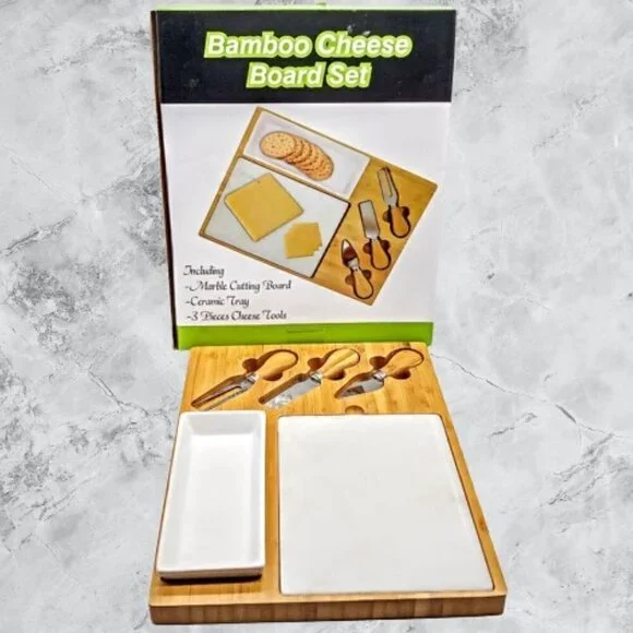 Vintage Bamboo Cheese Board Set NIB